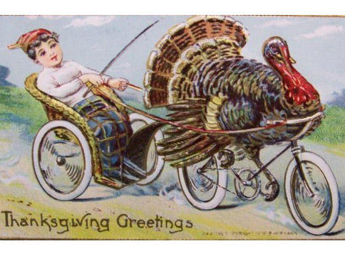 a turkey on a bike, pulling a 2 wheeled carriage